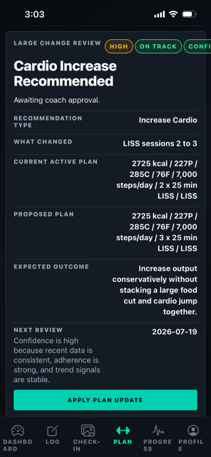 Existing StageLab app screen showing a weekly plan recommendation