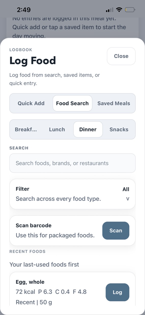 Logbook food logging screen with food search, saved meals, and barcode scanning